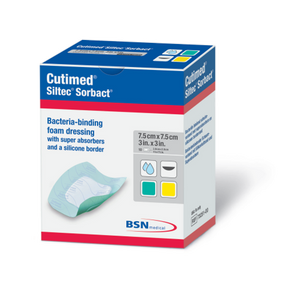 Cutimed Siltec Sorbact bacteria-binding foam dressing box, 7.5cm x 7.5cm size