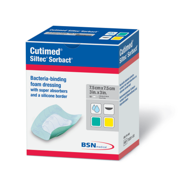 Cutimed Siltec Sorbact bacteria-binding foam dressing box, 7.5cm x 7.5cm size