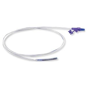Medical enteral feeding tube with purple connector on white background