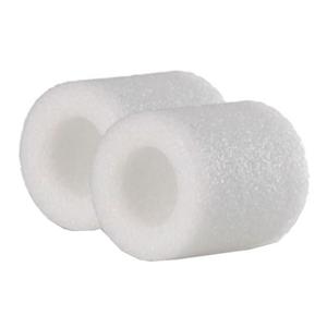Two white cylindrical medical foam filters with central holes on a plain background