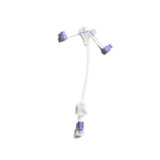 Medical tubing extension set with three purple luer lock connectors on white background