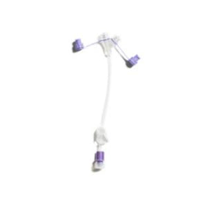 Medical tubing extension set with three purple luer lock connectors on white background