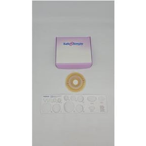 Ostomy barrier ring and adhesive skin barrier set with purple and white box on white background