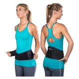 Woman wearing adjustable black back support belt for lower back pain relief