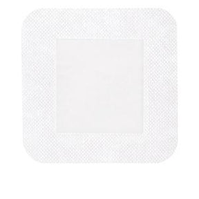 Sterile adhesive medical dressing pad with white absorbent center on white background