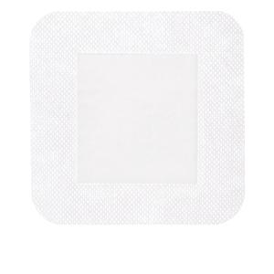 Sterile adhesive medical dressing pad with white absorbent center on white background