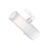 Clear plastic medical tubing connector with angled port, used for respiratory equipment