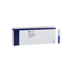 Box of Covidien Monoject dental needles with plastic hub and one capped needle beside it