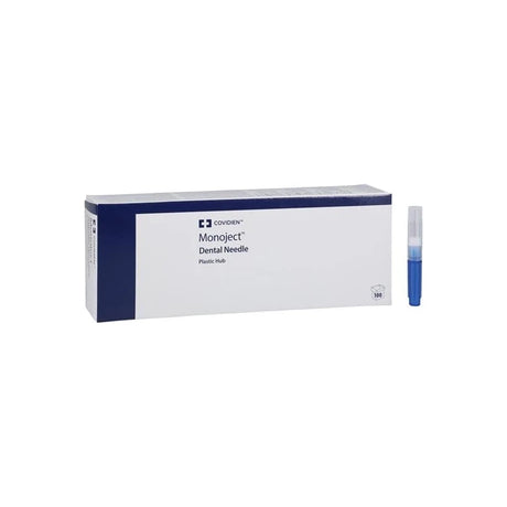 Box of Covidien Monoject dental needles with plastic hub and one capped needle beside it