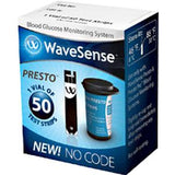 WaveSense Presto blood glucose test strips box, 50-count, blue packaging