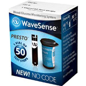 WaveSense Presto blood glucose test strips box, 50-count, blue packaging