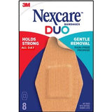 Nexcare DUO bandages box with beige bandage, highlighting strong hold and gentle removal.