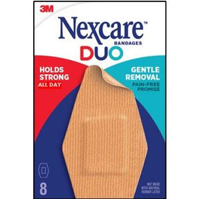 Nexcare DUO bandages box with beige bandage, highlighting strong hold and gentle removal.