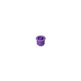 Purple medical vial stopper with ribbed sides on a white background