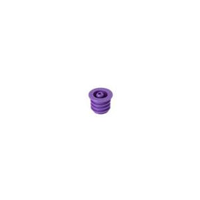 Purple medical vial stopper with ribbed sides on a white background