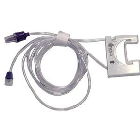 Infusion tube set with clear tubing and purple connectors for medical use