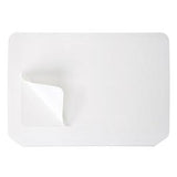 Rectangular white adhesive medical patch with a peeled corner on a plain background