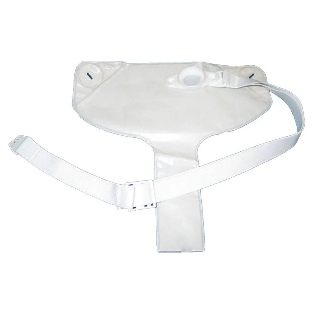 Transparent urinary drainage bag with adjustable white straps for medical use