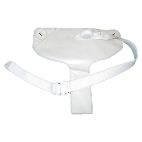 Transparent urinary drainage bag with adjustable white straps for medical use