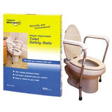 Height adjustable toilet safety rails for bathroom support, shown on toilet with product box