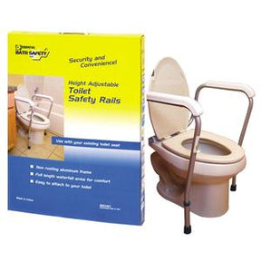 Height adjustable toilet safety rails for bathroom support, shown on toilet with product box
