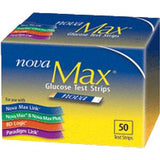 Nova Max glucose test strips box for blood sugar monitoring, 50 count, blue and yellow packaging