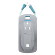 Medical drainage bag with dual blue connectors and textured gray exterior for home healthcare