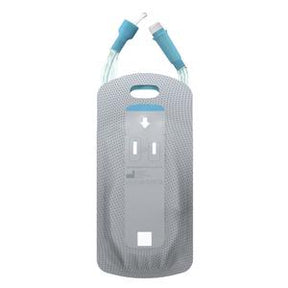 Medical drainage bag with dual blue connectors and textured gray exterior for home healthcare