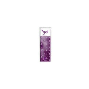 Purple medical gel pack with water droplets on packaging, isolated on white background
