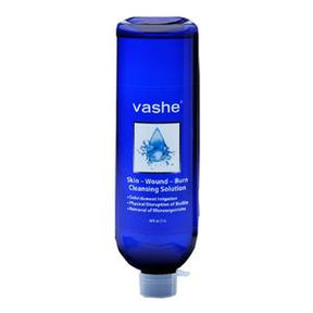 Vashe skin wound and burn cleansing solution in blue bottle, medical supply
