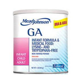 Mead Johnson GA infant medical formula can, lysine- and tryptophan-free, for special dietary needs.