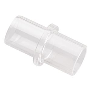 Clear plastic medical tubing connector on a white background