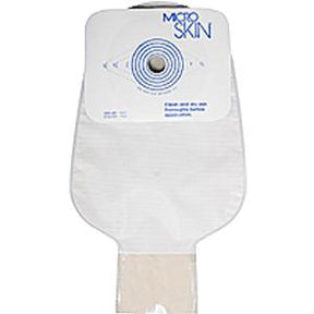Ostomy bag with adhesive flange for stoma care, white medical pouch on plain background