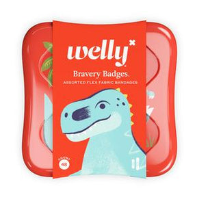 Kids dinosaur-themed flexible bandages in a red tin, assorted design, 48 count