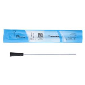 Single-use male intermittent catheter with black tip and blue sterile packaging