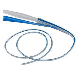 Sterile flexible medical catheter with blue and white handle for at-home use