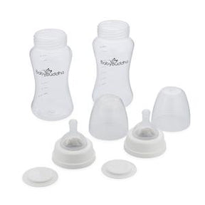 Set of clear plastic baby bottles with silicone nipples, bottle caps, and sealing discs