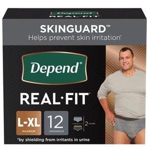 Depend Real Fit men's incontinence underwear L-XL, 12 count, Skinguard packaging front