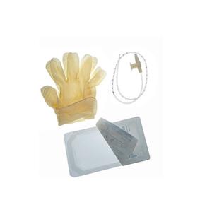 Sterile medical kit with latex gloves, catheter tube, antiseptic pads