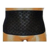Black abdominal support belt for chronic condition care, worn on torso