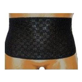 Black abdominal support belt for chronic condition care, worn on torso
