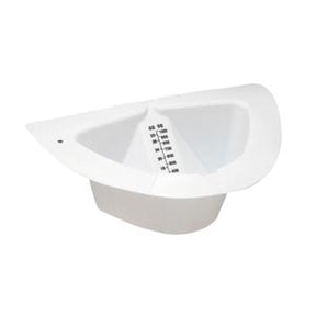 White plastic graduated urine collection container with measurement markings