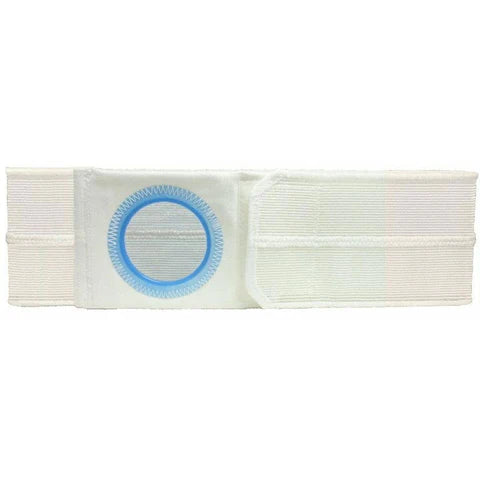 White ostomy belt with blue circular opening, adjustable medical support accessory