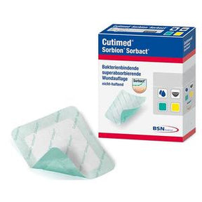 Cutimed Sorbion Sorbact sterile wound dressing in front of product packaging
