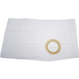 White ostomy belt with circular opening for medical stoma care, lying flat on surface