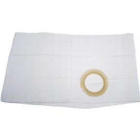 White ostomy belt with circular opening for medical stoma care, lying flat on surface