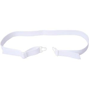 White adjustable elastic strap with hook fasteners, medical supply accessory on white background.