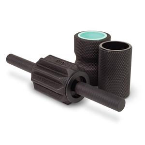 Black textured hand exerciser and grip strength training tools on white background