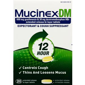 Mucinex DM 12 Hour cough suppressant and expectorant tablets box, relieves cough, loosens mucus