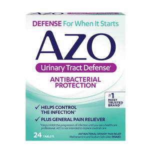 AZO Urinary Tract Defense antibacterial protection tablets box, 24 count, infection relief